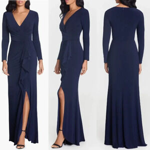 New! Betsy & Adam Cascade Ruffle Long Sleeve Gown navy nwot 22339